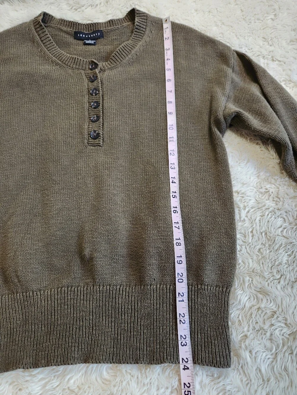 Sanctuary Partial Button Crew Neck Long Sleeve Cotton Sweater Army Green Sz LG